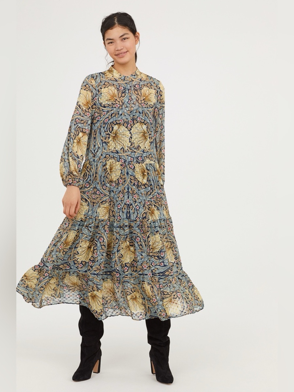 H&M x morris & co Blue Floral Long-Sleeve Tiered Maxi Dress with Yellow Accents - Picture 9 of 12